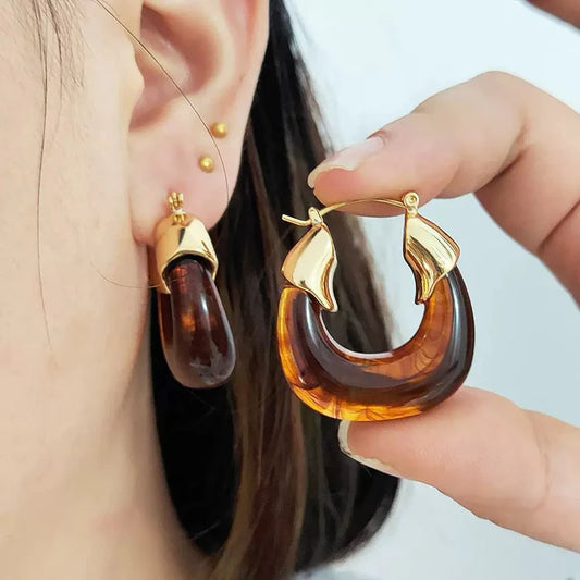 Amber Resin Hoop Earrings β Gold & Tortoise Shell Chunky Hoops