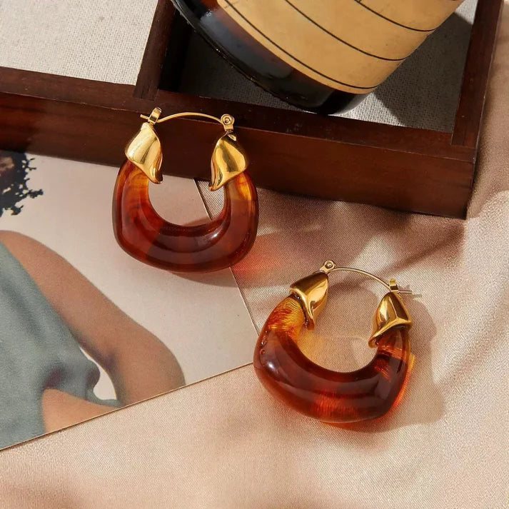 Amber Resin Hoop Earrings – Gold & Tortoise Shell Chunky Hoops