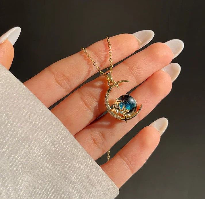 Gold Moon & Galaxy Crystal Pendant Necklace – Celestial Blue Globe Star Charm