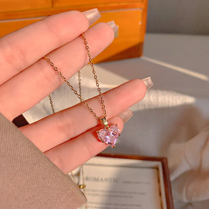 Pink Heart Zircon Pendant Necklace – Faceted Rose Crystal Heart Gold Chain