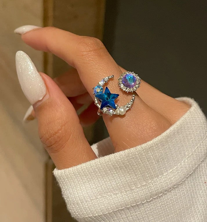 Celestial Moon Star Crystal Ring – Blue Star & Aurora Zircon Open Ring