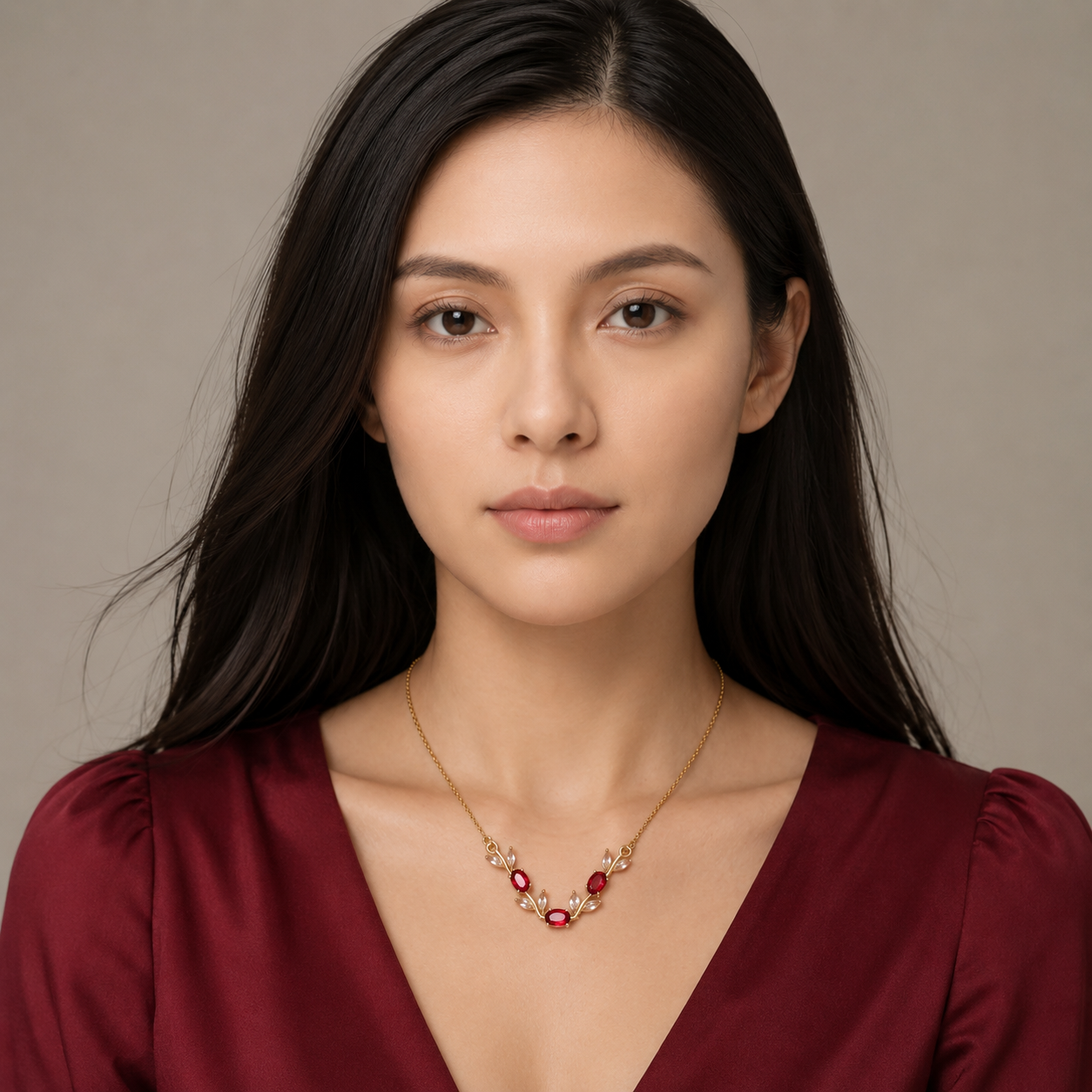 Ruby Red Vine Leaf Pendant Necklace
