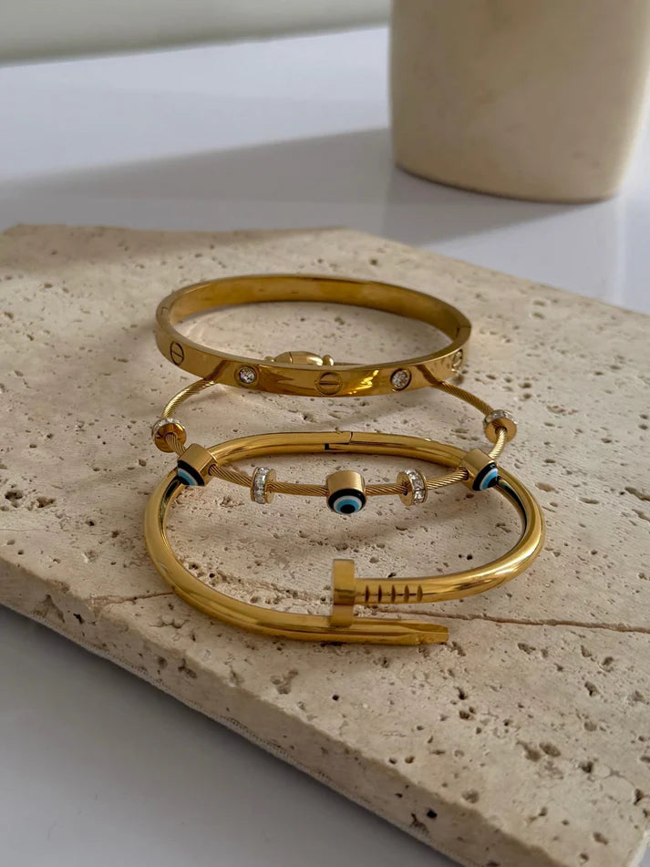 Gold Stack Bracelet Set – Nail, Evil Eye & Screw Bangle (Set of 3)