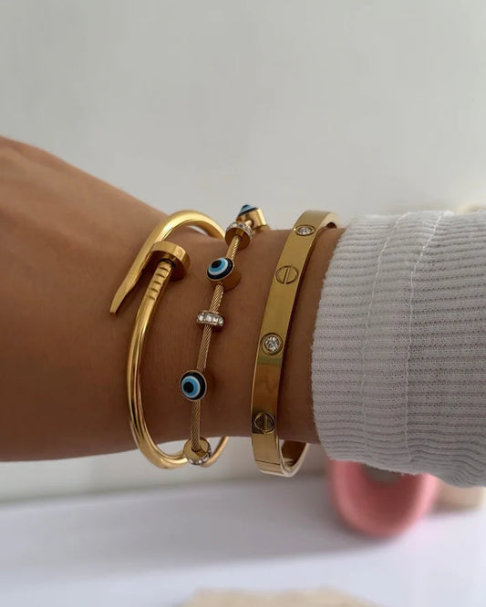 Gold Stack Bracelet Set – Nail, Evil Eye & Screw Bangle (Set of 3)