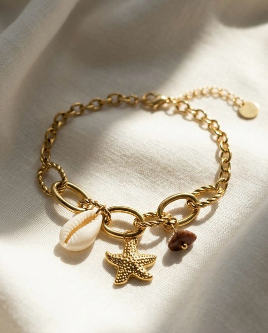 Coastal Charm Bracelet – Gold-Tone Shell & Starfish