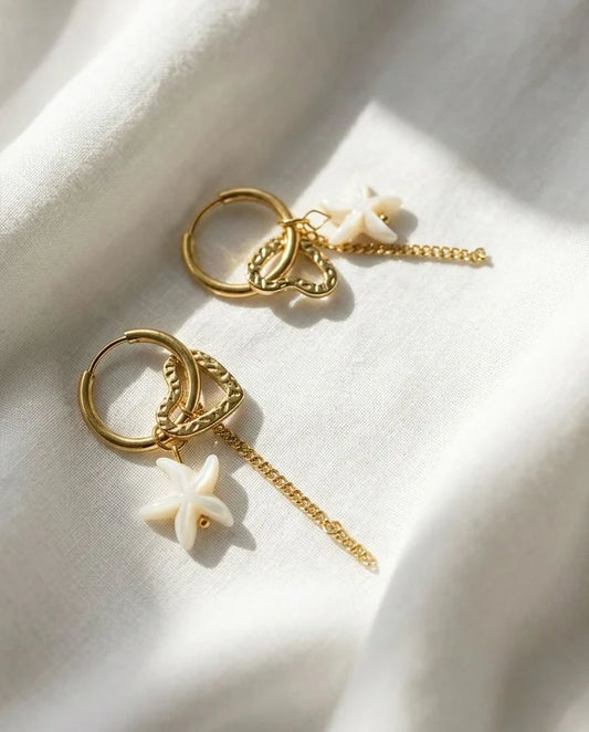 Gold Floral Chain Hoop Earrings – Dainty Flower Drop Huggie Hoops
