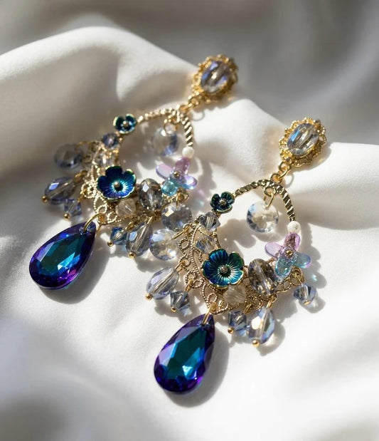Sapphire Crystal Chandelier Earrings – Blue Teardrop Floral Drop Earrings