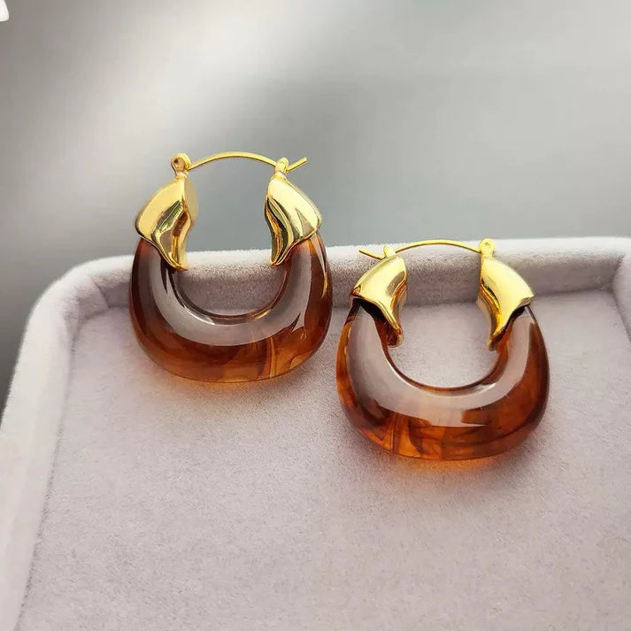Amber Resin Hoop Earrings – Gold & Tortoise Shell Chunky Hoops