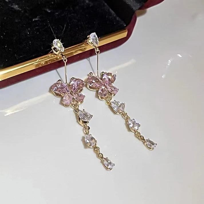 Pink Butterfly Crystal Tassel Earrings – Long Drop Zircon Butterfly Dangles