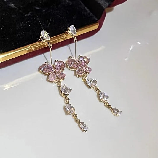 Pink Butterfly Crystal Tassel Earrings – Long Drop Zircon Butterfly Dangles