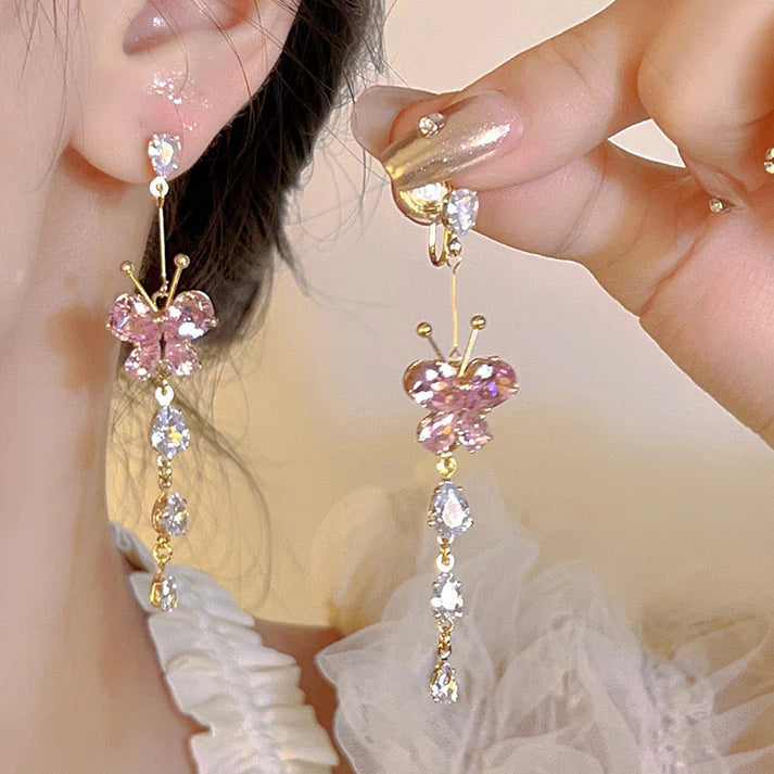 Pink Butterfly Crystal Tassel Earrings – Long Drop Zircon Butterfly Dangles