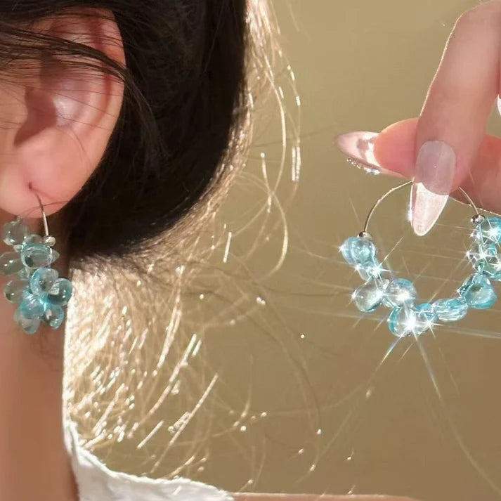 Aqua Crystal Bubble Hoop Earrings – Teal Glass Bead Cluster Hoops