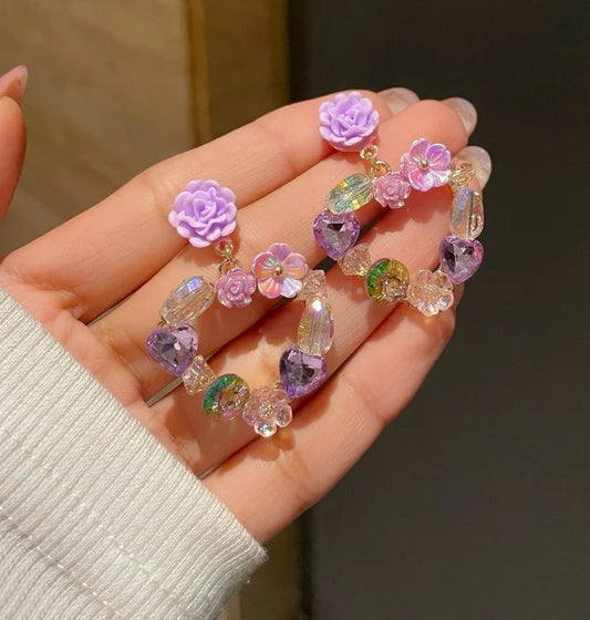 Purple Floral Crystal Hoop Earrings – Lavender Rose & Crystal Bead Cluster Hoops
