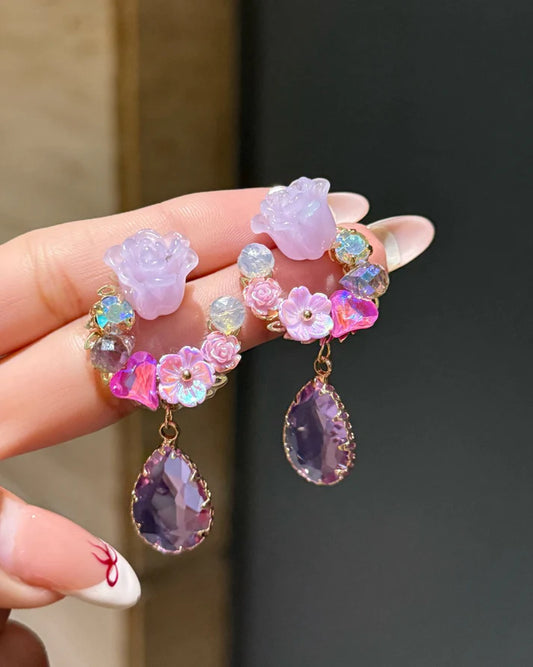 Pink Rose Crystal Teardrop Earrings – Floral Cluster & Amethyst Drop Dangles
