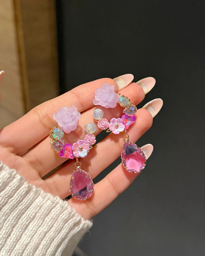 Pink Rose Crystal Teardrop Earrings – Floral Cluster & Amethyst Drop Dangles