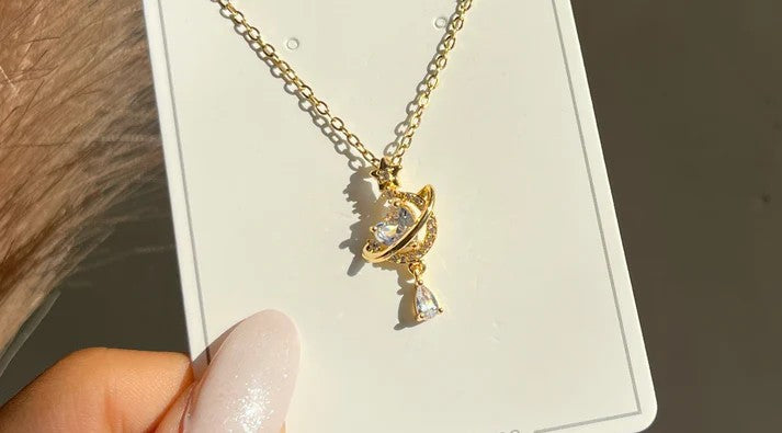 Gold Saturn Crystal Pendant Necklace – Celestial Zircon Planet Drop Chain