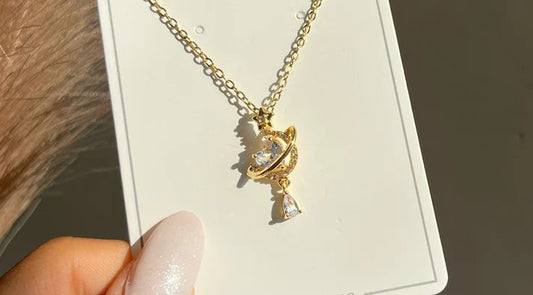 Gold Saturn Crystal Pendant Necklace – Celestial Zircon Planet Drop Chain