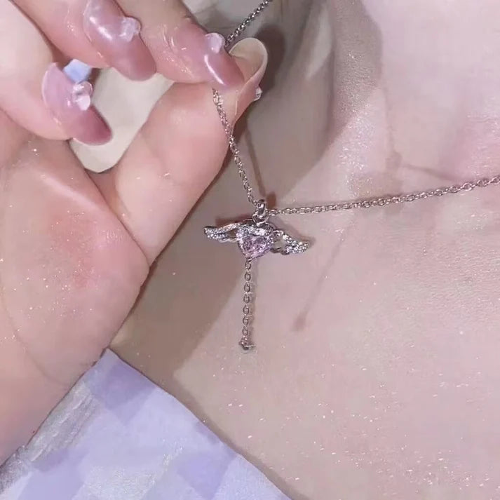 Angel Wing Heart Crystal Necklace – Pink Zircon Heart & Diamond Wing Pendant