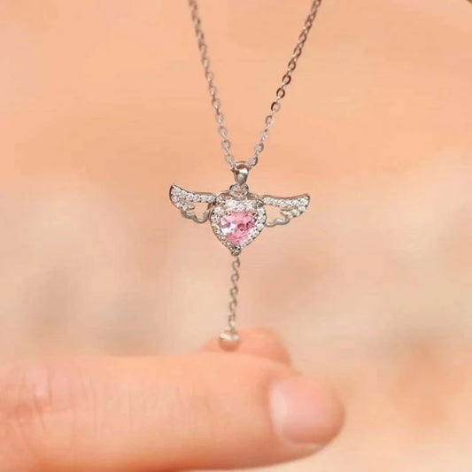 Angel Wing Heart Crystal Necklace – Pink Zircon Heart & Diamond Wing Pendant