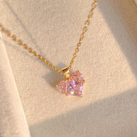 Pink Heart Zircon Pendant Necklace – Faceted Rose Crystal Heart Gold Chain