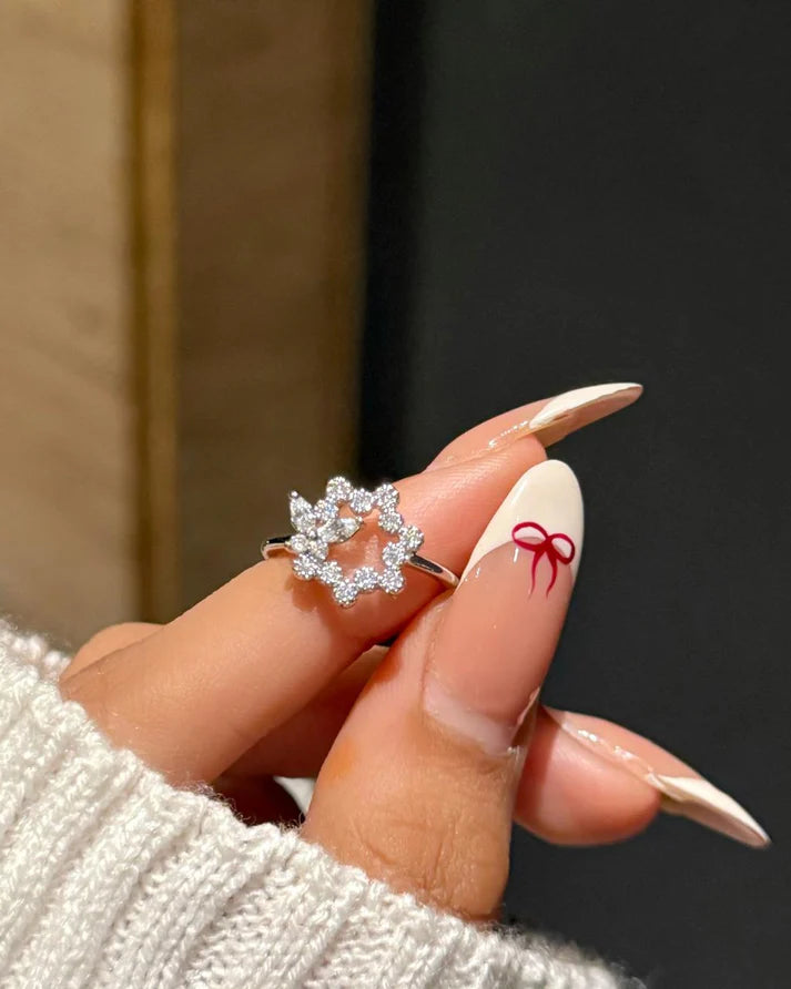 Crystal Snowflake Zircon Ring – Silver Pavé Open Floral Band Ring