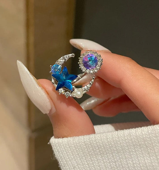 Celestial Moon Star Crystal Ring – Blue Star & Aurora Zircon Open Ring